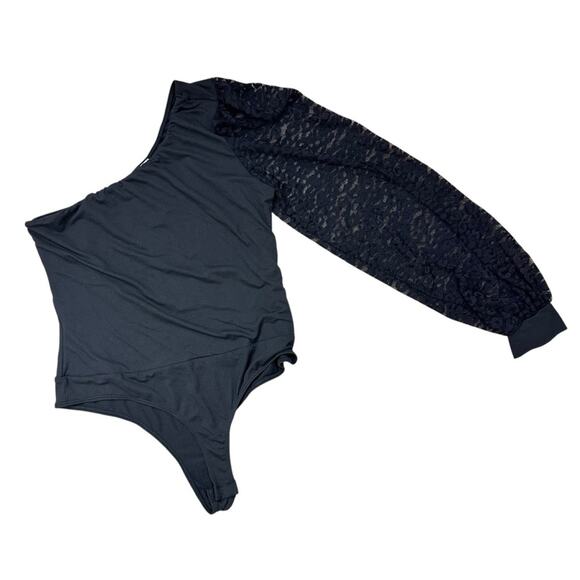 Elegant Black One-Shoulder Lace Sleeve Black Thong Bodysuit Medium Going Out Top - Picture 2 of 6